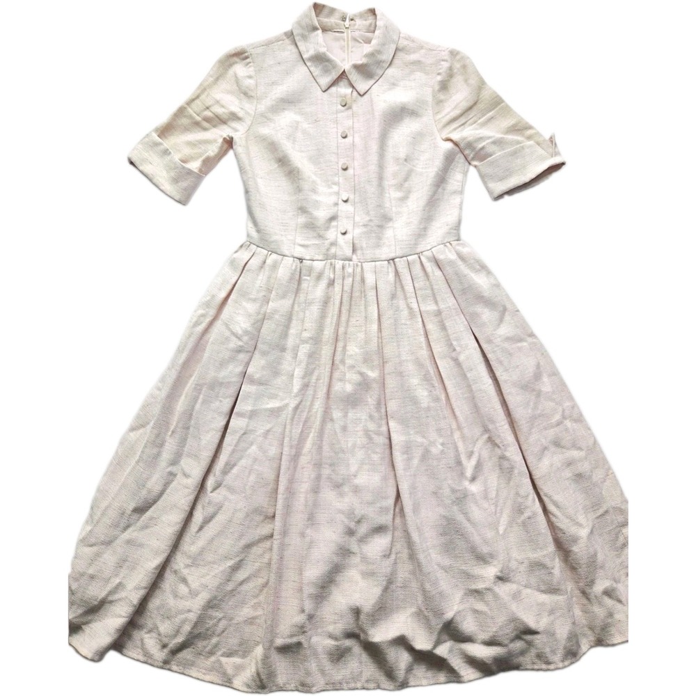 Gal Meets Glam Beatrice Dress Sz 2 Beige Collared Button Front Fit Flare Midi